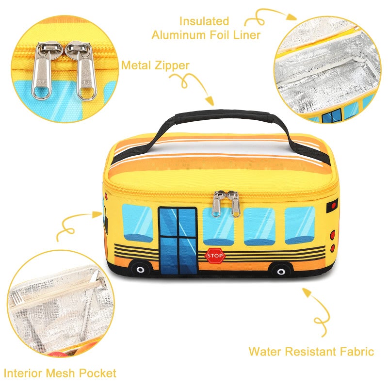 LEDAOU Lunch Box Kids Boys Girls Cute Insulated Lunch Box Reusable Lunch Bag Meals Tote Lunchbox for School Picnic Travel (Bus Yellow) - Image 5